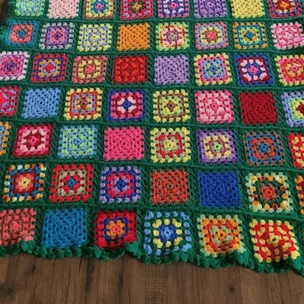 Vintage Handmade Crochet Granny Square Blanket Multicolor Green Afghan Throw‎